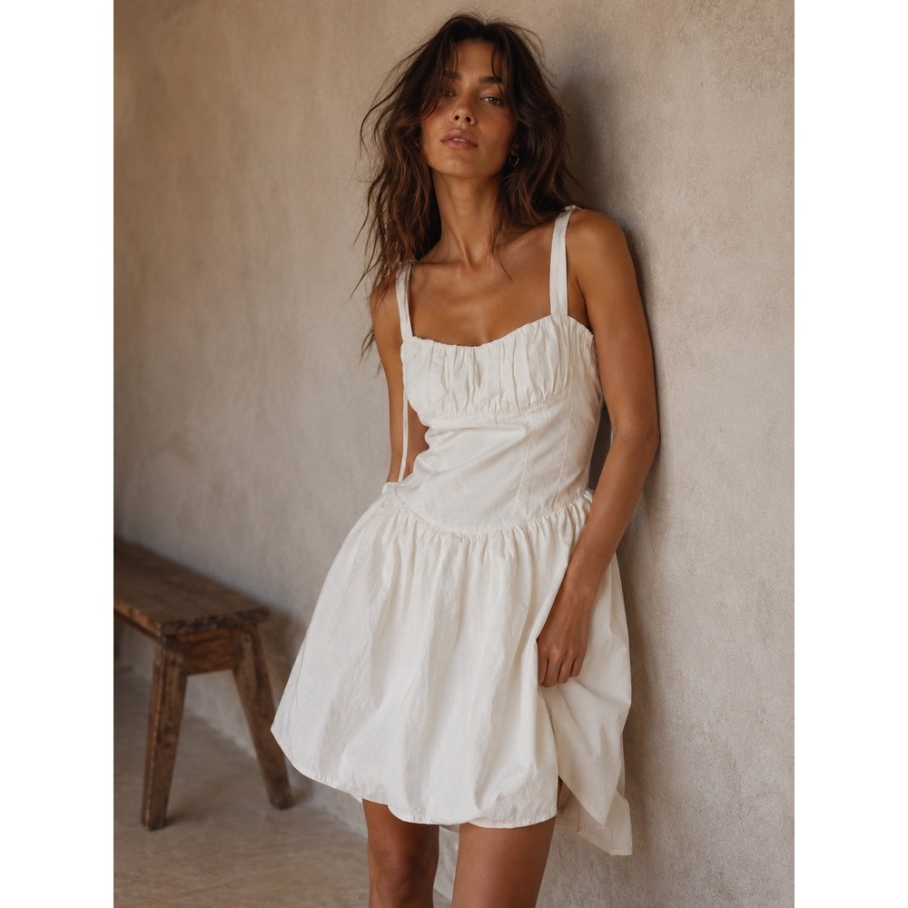 Zara White Cotton Ruched Bust Mini Dress Square Neck Sleeveless‎ Size M 30749